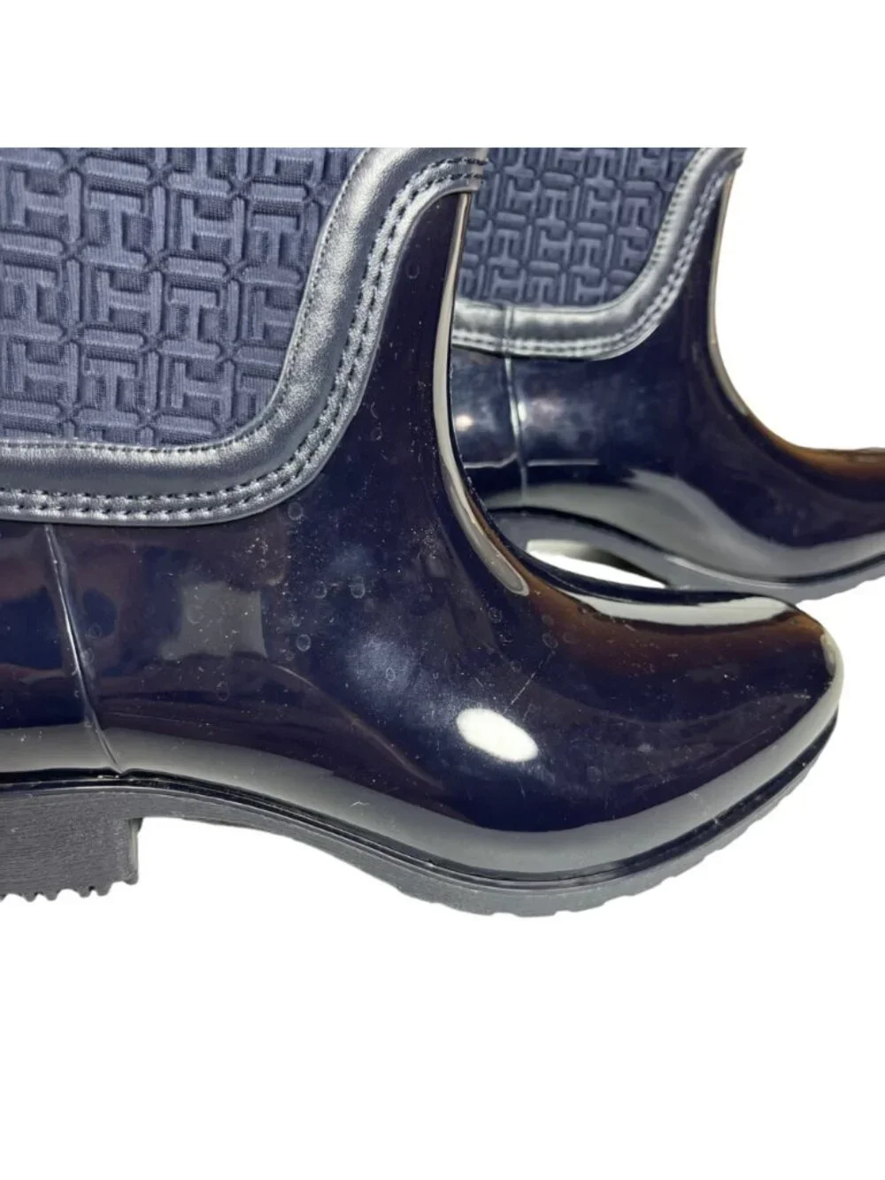 Tommy Hilfiger Rubber Rain Boots Patterned Textile Upper Gold Buckle Size 6 Blue